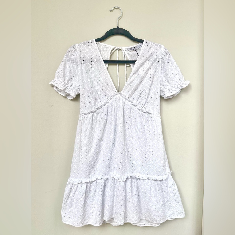Zara White Eyelet Dress with Tie Back